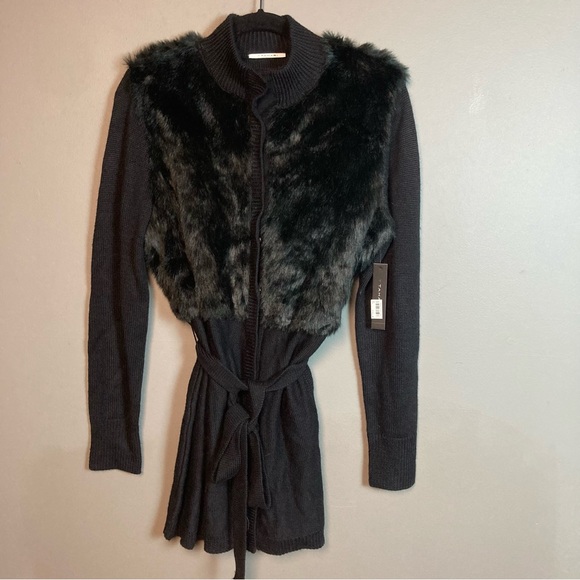 NWT T Tahari faux fur belted cardigan black wool blend large - Picture 2 of 11